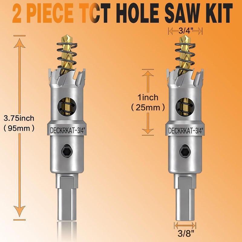 DECKRKAT 2-Pack 3/4" TCT Hole Saws for Hard Metal, Heavy Duty 19mm Tungsten Carbide Tipped Hole Cutters Set with Spring-Loaded Pilot Drill Bits for Stainless Steel, Metal, Iron, and Plastic - Image 2